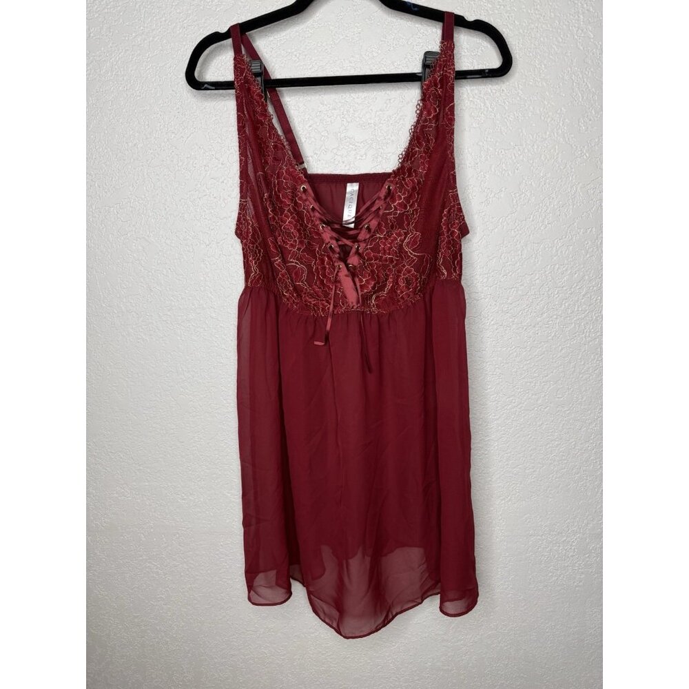 Cacique Dark Red Sheer Lingerie Babydoll Nightie 18/20 Sexy Gold Shimmer B1